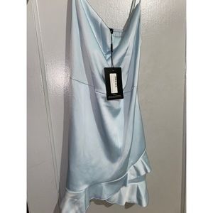 Blue Satin Frill Hem Detail Strappy Bodycon Dress